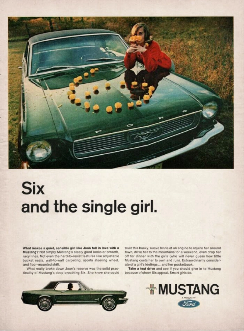 1966 Ford Mustang vintage auto ad; Six and the single girl